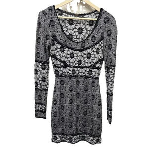 Free People‎ Womens Dress M Eyelet Knit Fitted Black White Long Sleeve Lined